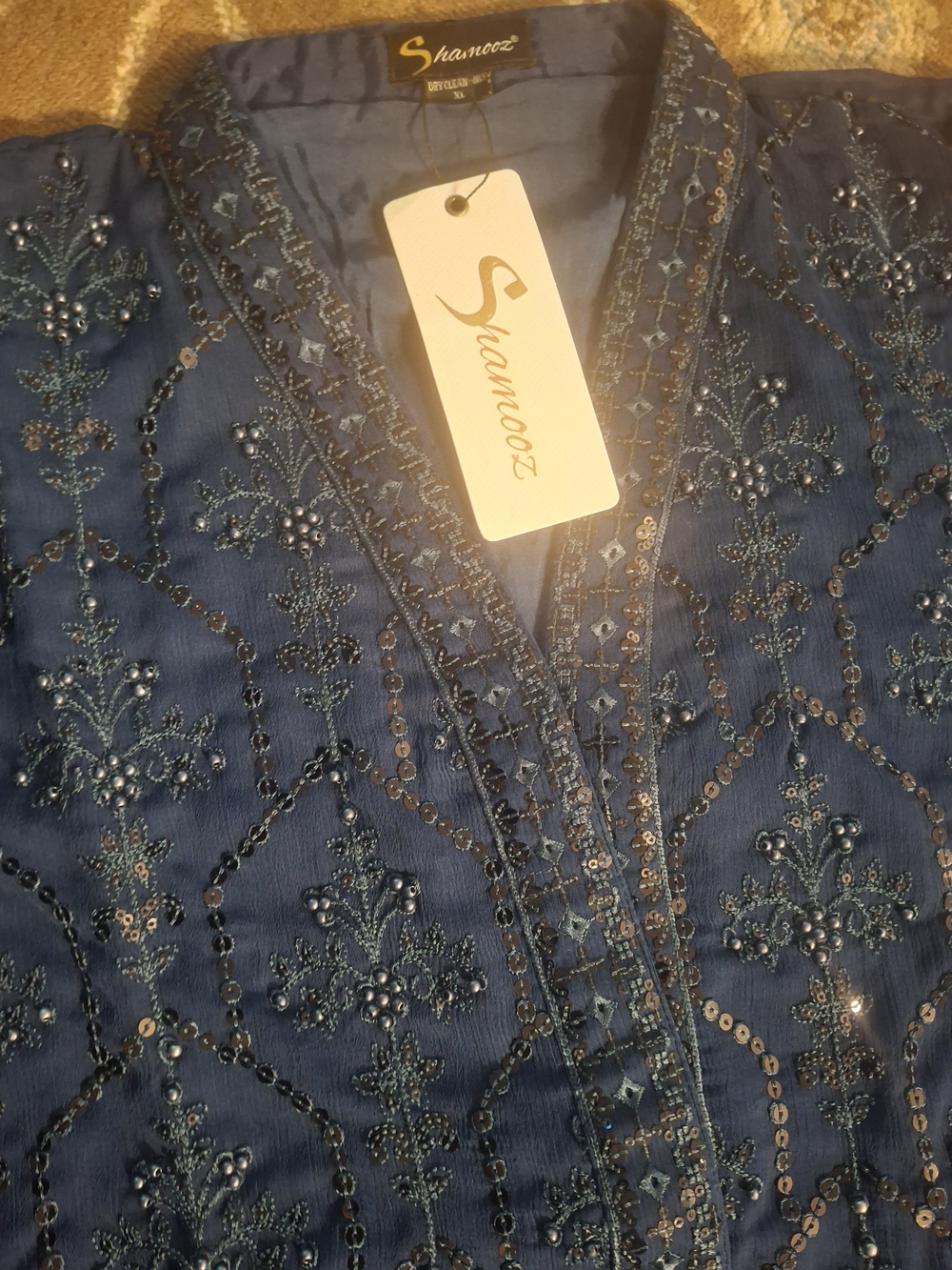 NWT Shamooz Silk Georgette 3-Piece Stitched Suit in Navy Blue – Size XL
